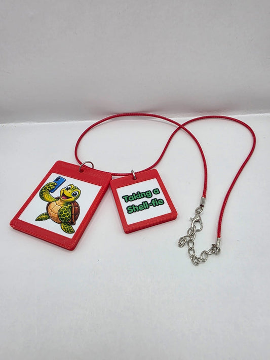 Fun Turtle Seaside Theme Lightweight Picture Necklace with Double Pendant. Taking a Shell-fie