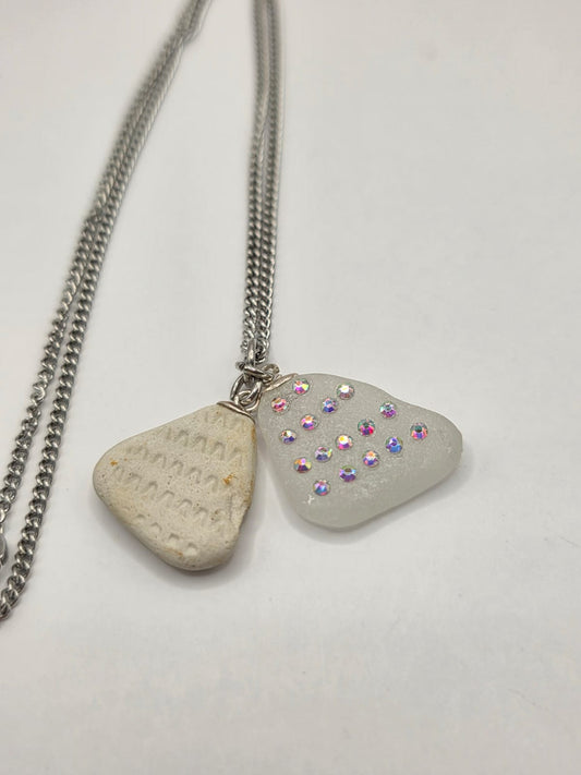 Genuine Sea Glass & Sea Pottery Necklace with Sparkling Rhinestones, Hand-Collected Frosted Sea Glass Double Pendant