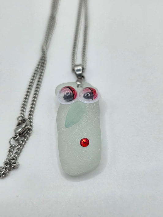 Sea Glass Novelty Humorous Face Necklace with Sparkling Rhinestones, Hand-Collected Frosted Sea Glass Pendant