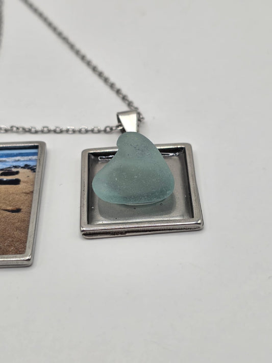 Sea glass and sea glass photo double pendant necklace featuring the actual found piece of sea glass in the photo