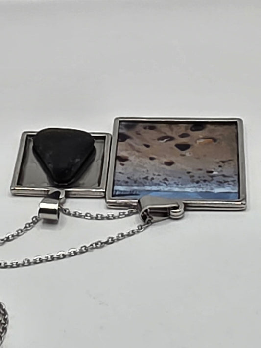 Sea glass and sea glass photo double pendant necklace featuring the actual found piece of sea glass in the photo