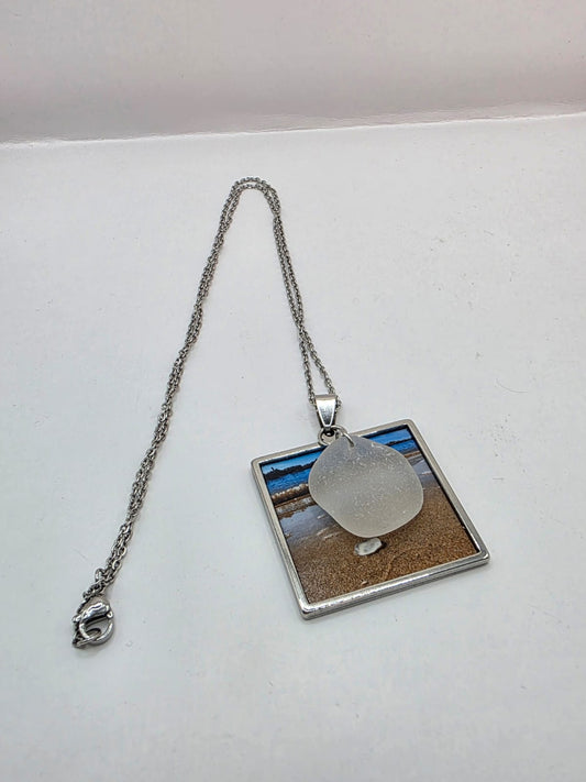 Real Sea Glass Pendant Necklace with Found Location Beach Photo, Stainless Steel Chain and Bezel
