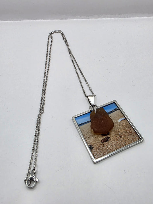 Real Sea Glass Pendant Necklace with Found Location Beach Photo, Stainless Steel Chain and Bezel