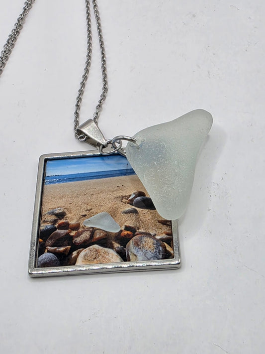Real Sea Glass Pendant Necklace with Found Location Beach Photo, Stainless Steel Chain and Bezel