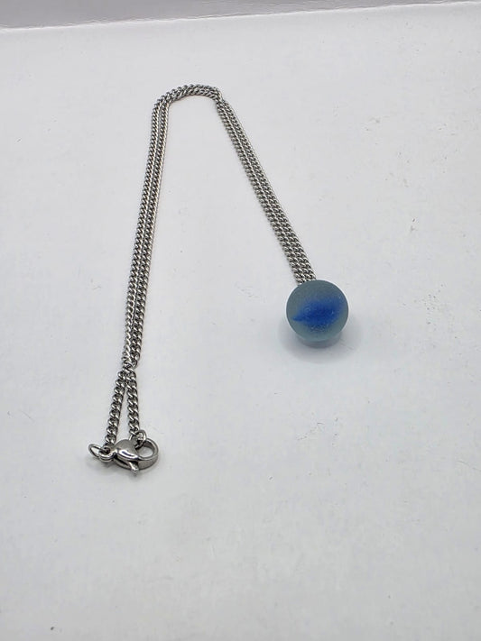 Genuine Sea Glass Blue Marble Necklace, Frosted Pendant on a stainless steel chain. Each piece is a one-of-a-kind