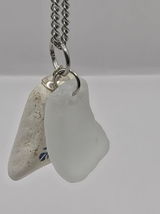 Genuine Sea Glass and Sea Pottery Pendant Necklace on stainless steel chain. Each piece is a one-of-a-kind