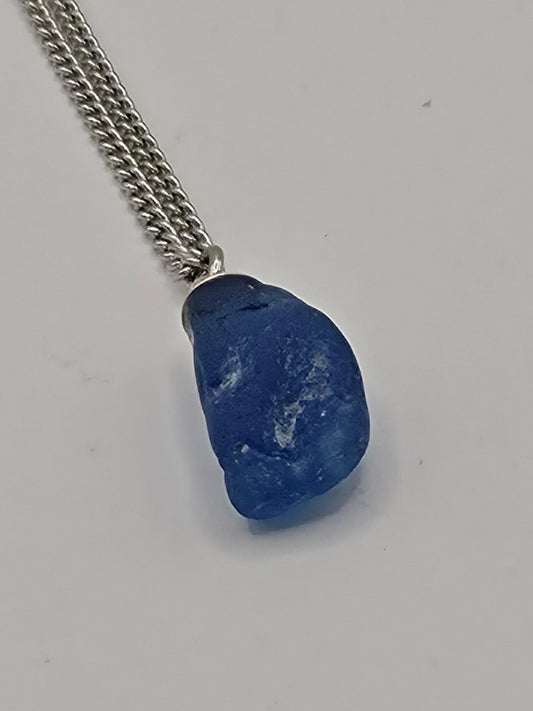 Genuine Blue Sea Glass Pendant Necklace on stainless steel chain. Each piece is a one-of-a-kind