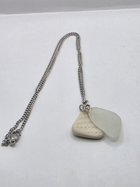 Genuine Sea Glass and Sea Pottery Necklace on stainless steel chain. Each piece is a one-of-a-kind