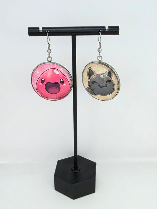 Slime Rancher Inspired Pink & Tabby Dangle Stainless Steel Fish Hook Earrings
