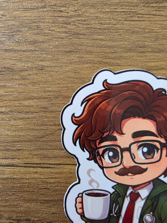 Stardew Valley Inspired Harvey & Coffee Glossy Die Cut Sticker | 2 Sizes Available