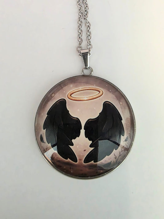 Good Omens Inspired Halo Demon Wings 30mm Pendant Stainless Steel 20 Inch Necklace