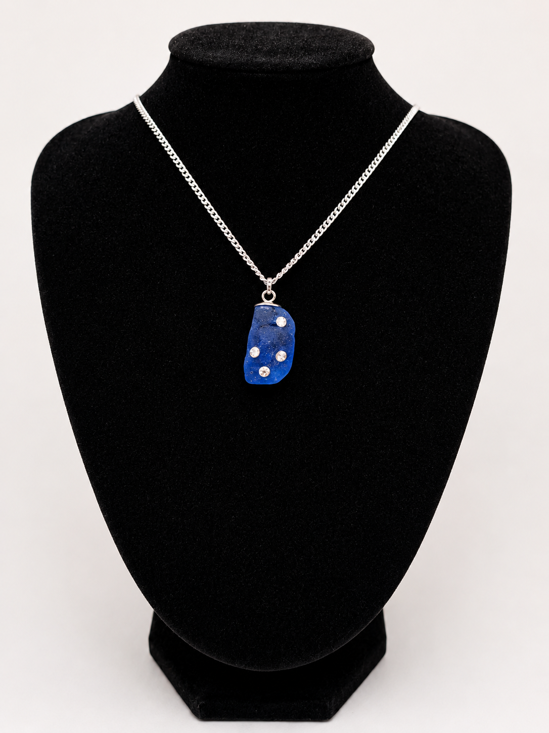 Genuine Blue Sea Glass Necklace with Sparkling Rhinestones, Hand-Collected Frosted Sea Glass Pendant