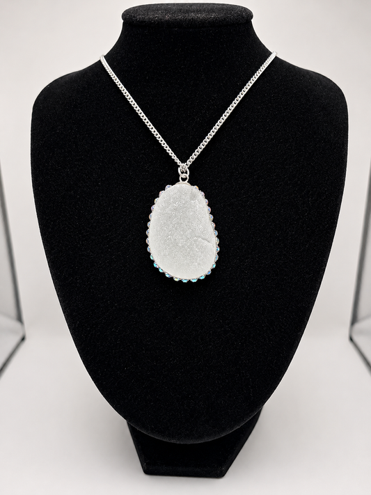 Genuine Large Chunky Sea Glass  Necklace with Sparkling Rhinestones, Hand-Collected Frosted Sea Glass Pendant