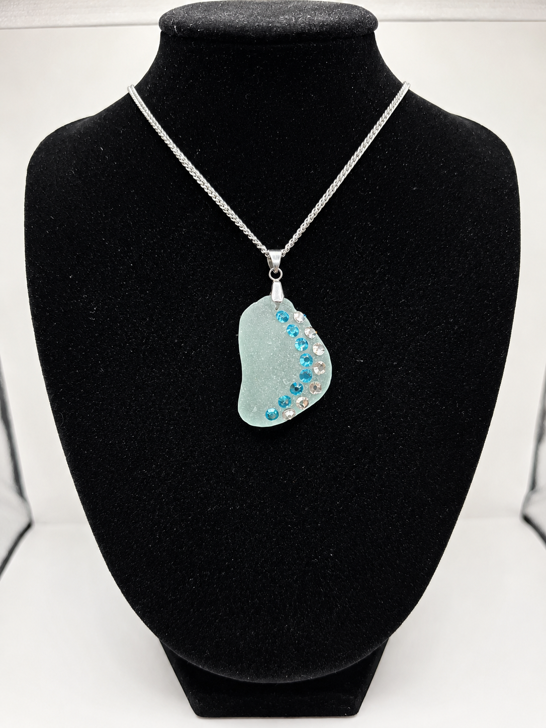 Genuine Sea Glass Necklace with Sparkling Rhinestones, Hand-Collected Frosted Sea Glass Pendant