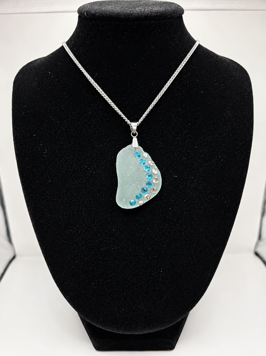 Genuine Sea Glass Necklace with Sparkling Rhinestones, Hand-Collected Frosted Sea Glass Pendant