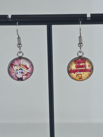 Hazbin Hotel Inspired Lucifer & Take That Depression Dangle Fish Hook Earrings