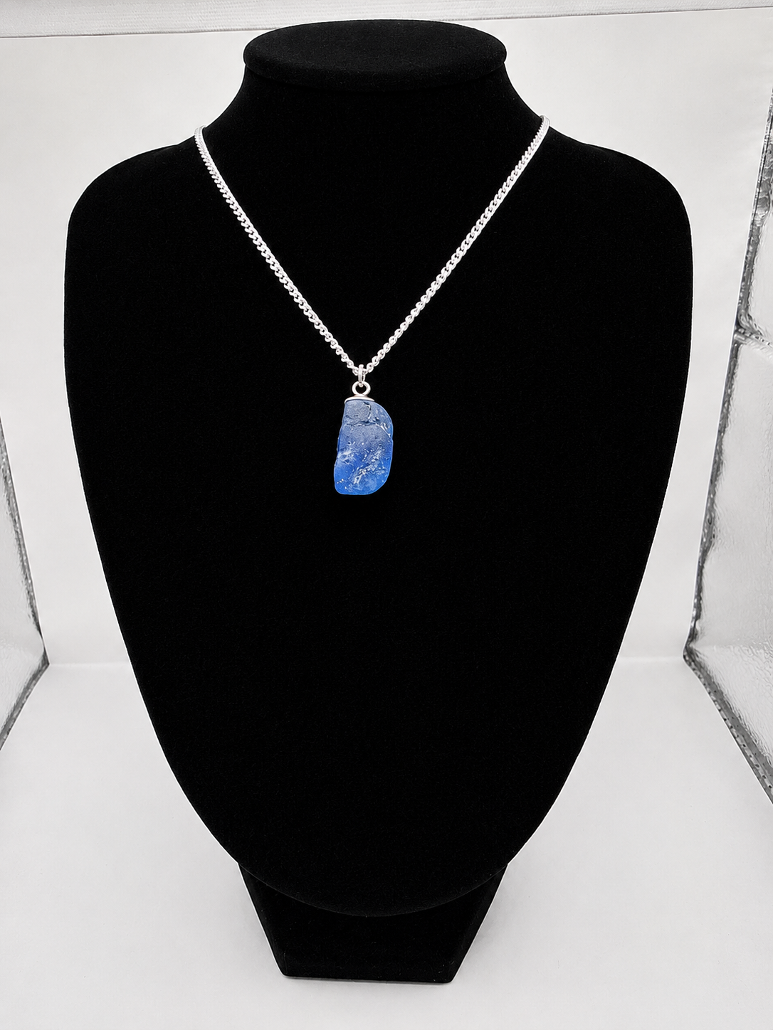 Genuine Blue Sea Glass Pendant Necklace on stainless steel chain. Each piece is a one-of-a-kind