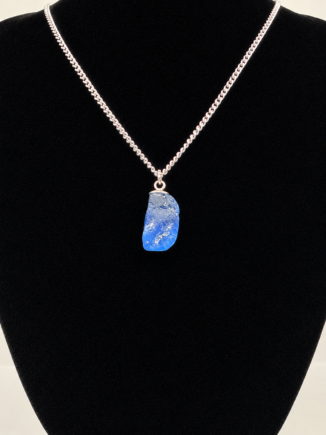 Genuine Blue Sea Glass Pendant Necklace on stainless steel chain. Each piece is a one-of-a-kind