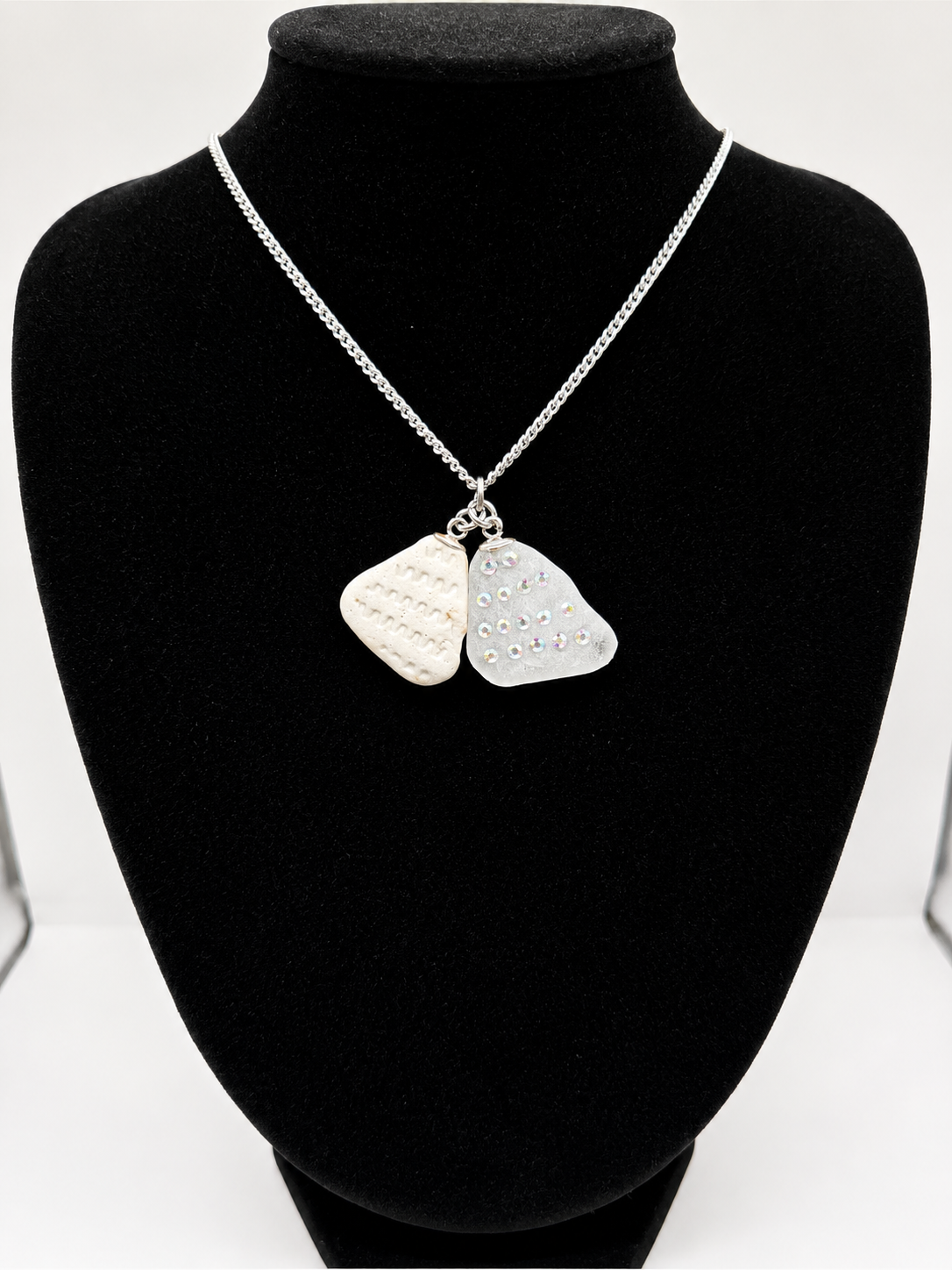 Genuine Sea Glass & Sea Pottery Necklace with Sparkling Rhinestones, Hand-Collected Frosted Sea Glass Double Pendant