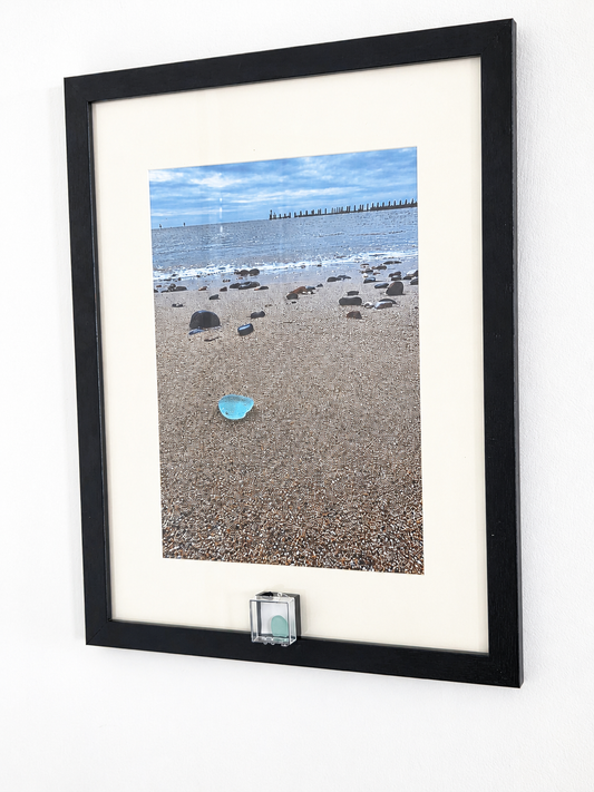 Sea Glass Photo Framed Art Picture with Actual Found Sea Glass in Display Box