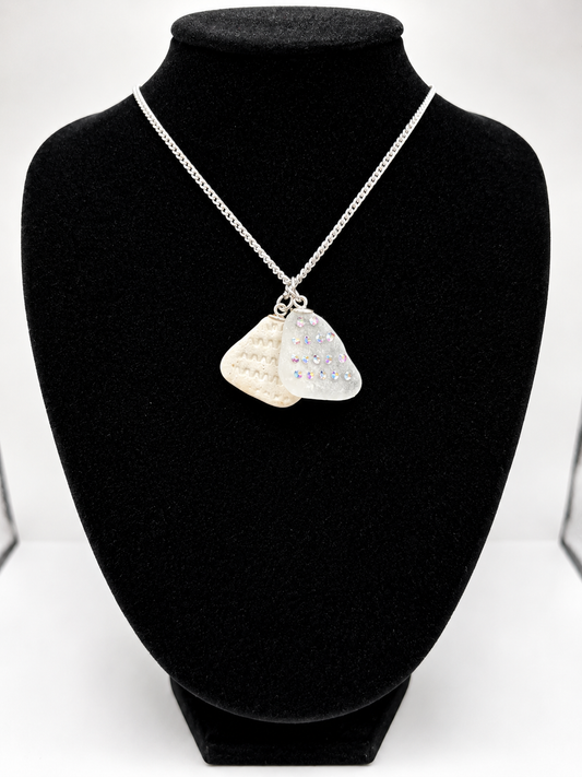 Genuine Sea Glass & Sea Pottery Necklace with Sparkling Rhinestones, Hand-Collected Frosted Sea Glass Double Pendant