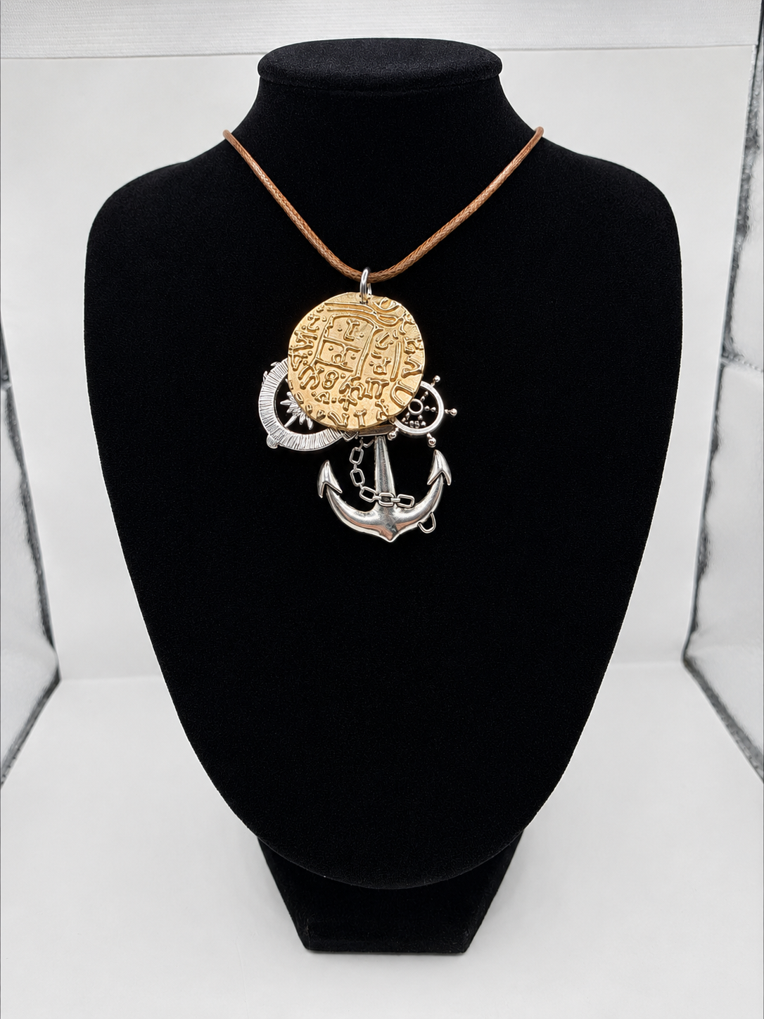 Pirate Treasure Theme Pendant Necklace on brown adjustable waxed cord