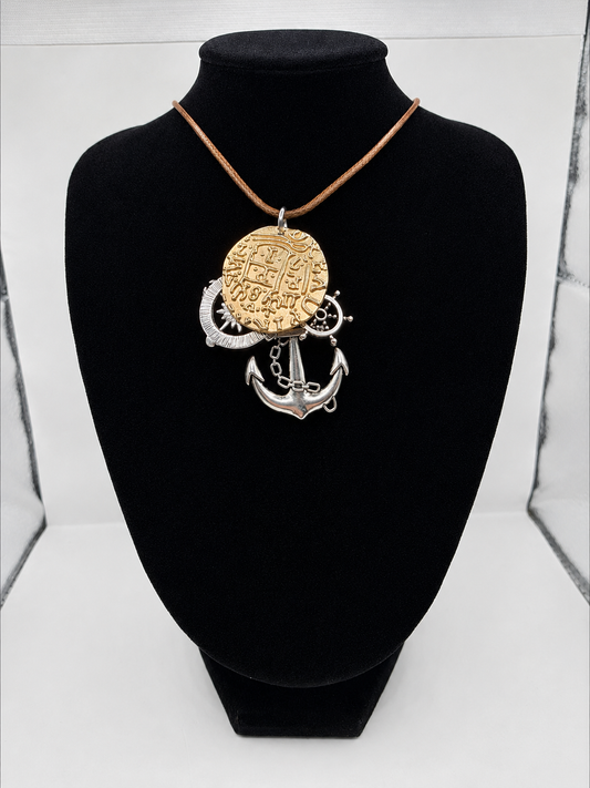 Pirate Treasure Theme Pendant Necklace on brown adjustable waxed cord