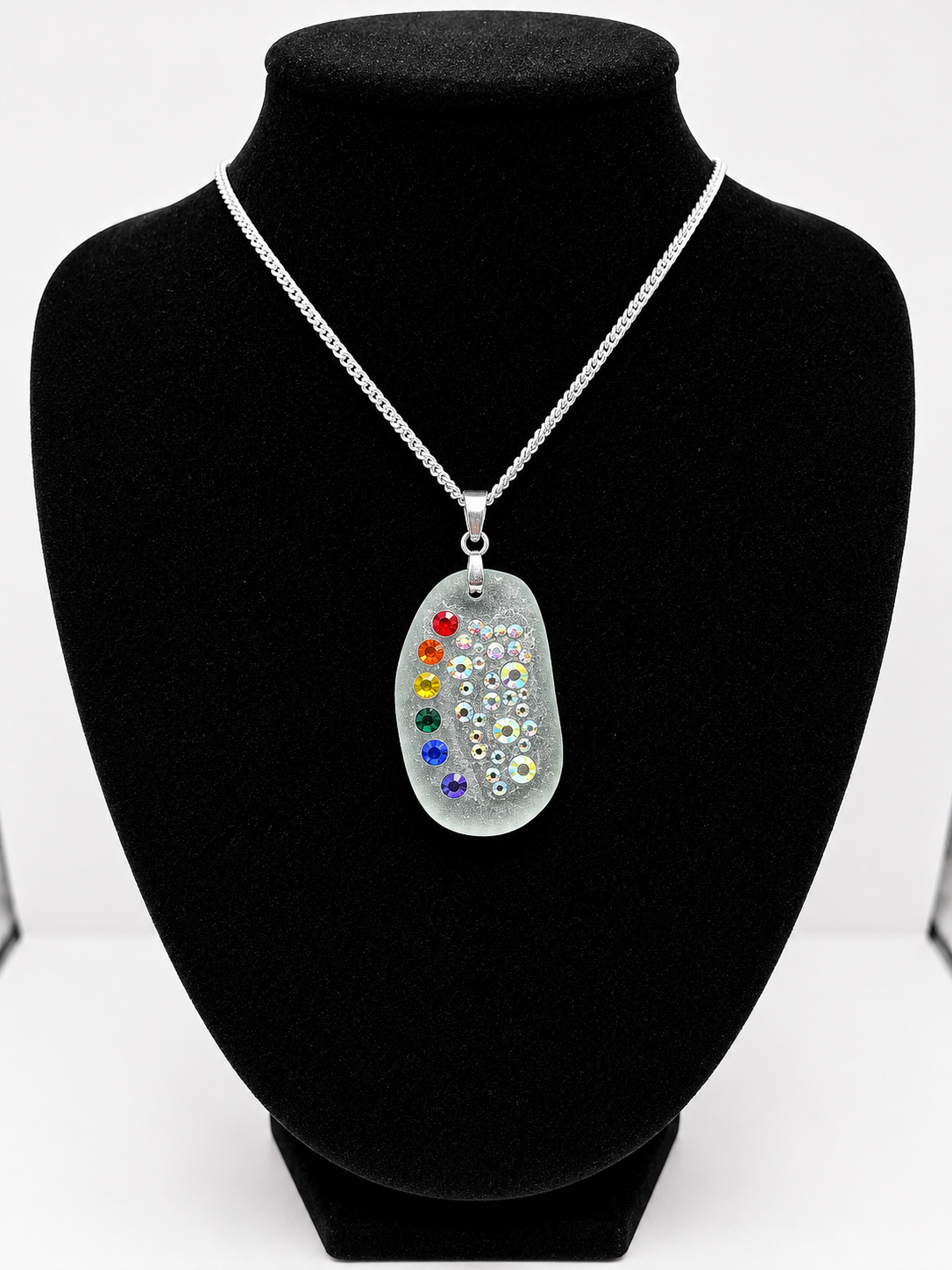 Genuine Sea Glass Necklace with Sparkling Rhinestones, Hand-Collected Frosted Sea Glass Pendant