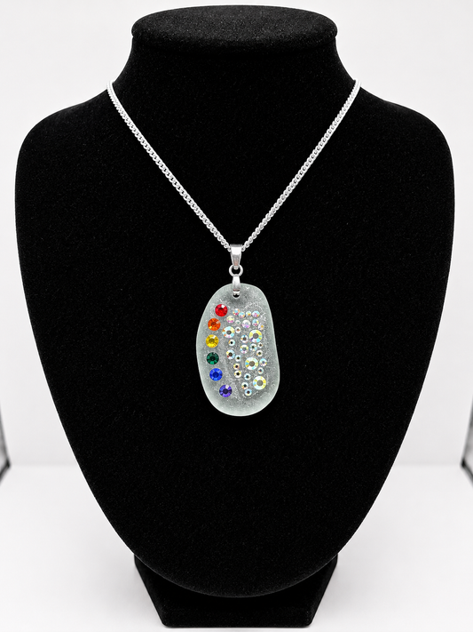 Genuine Sea Glass Necklace with Sparkling Rhinestones, Hand-Collected Frosted Sea Glass Pendant