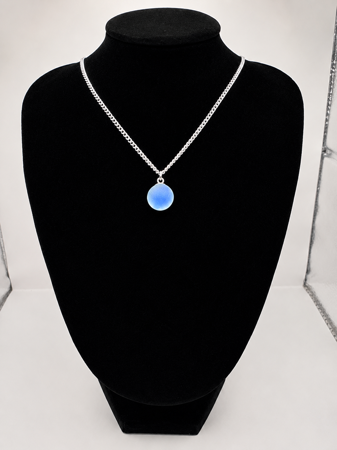 Genuine Sea Glass Blue Marble Necklace, Frosted Pendant on a stainless steel chain. Each piece is a one-of-a-kind
