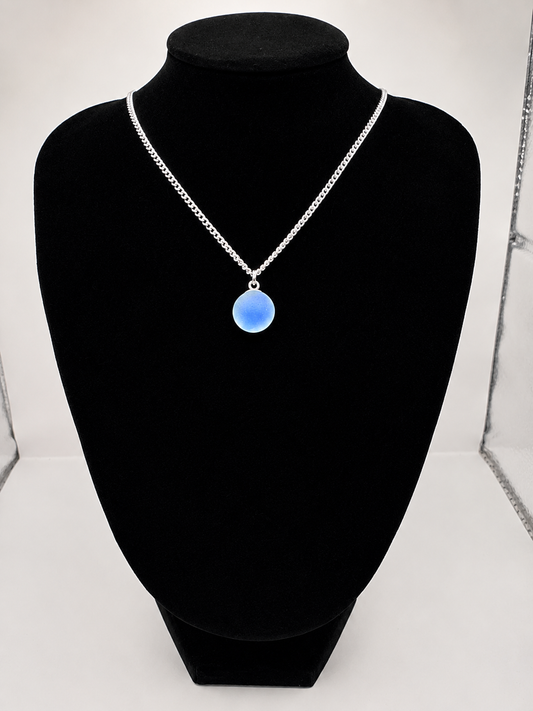 Genuine Sea Glass Blue Marble Necklace, Frosted Pendant on a stainless steel chain. Each piece is a one-of-a-kind