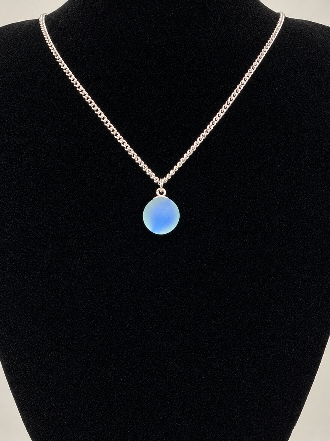 Genuine Sea Glass Blue Marble Necklace, Frosted Pendant on a stainless steel chain. Each piece is a one-of-a-kind