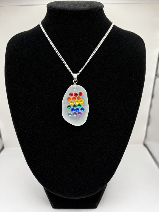 Genuine Sea Glass Necklace with Sparkling Rhinestones, Hand-Collected Frosted Sea Glass Pendant