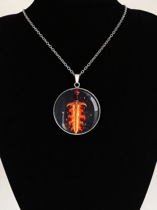 Good Omens Inspired Flaming Sword 30mm Pendant Stainless Steel 20 Inch Necklace