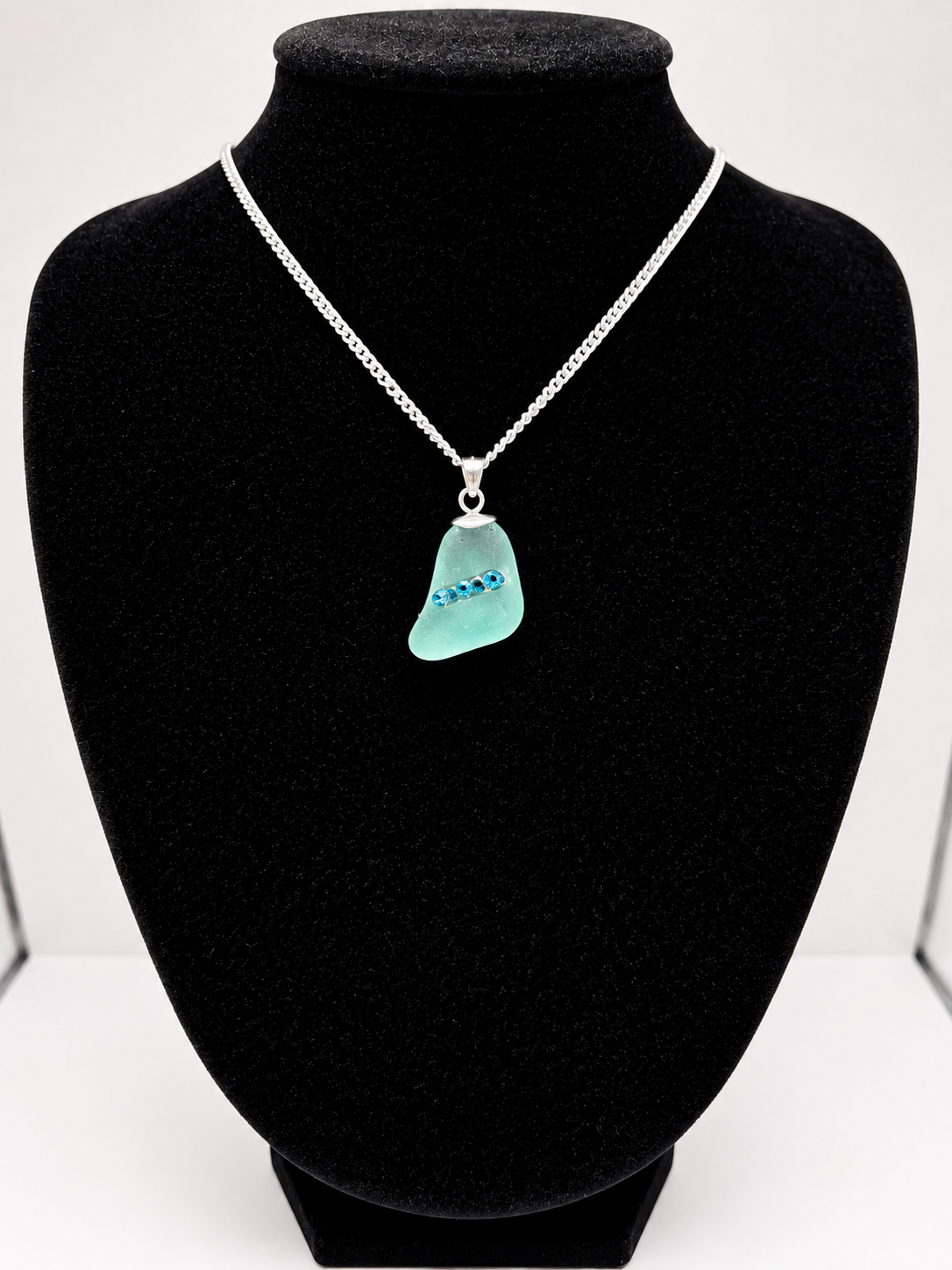 Genuine Sea Glass Necklace with Sparkling Rhinestones, Hand-Collected Frosted Sea Glass Pendant