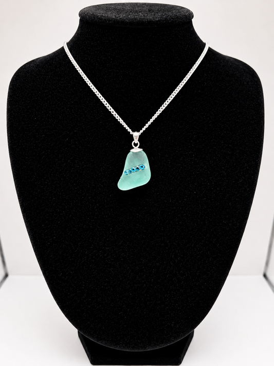 Genuine Sea Glass Necklace with Sparkling Rhinestones, Hand-Collected Frosted Sea Glass Pendant