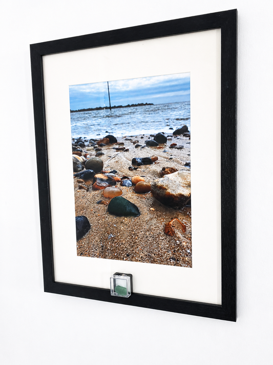 Sea Glass Photo Framed Art Picture with Actual Found Sea Glass in Display Box