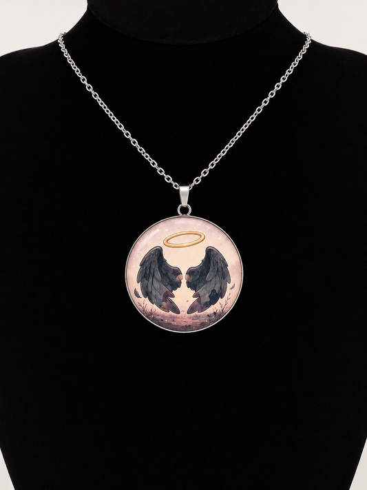 Good Omens Inspired Halo Demon Wings 30mm Pendant Stainless Steel 20 Inch Necklace