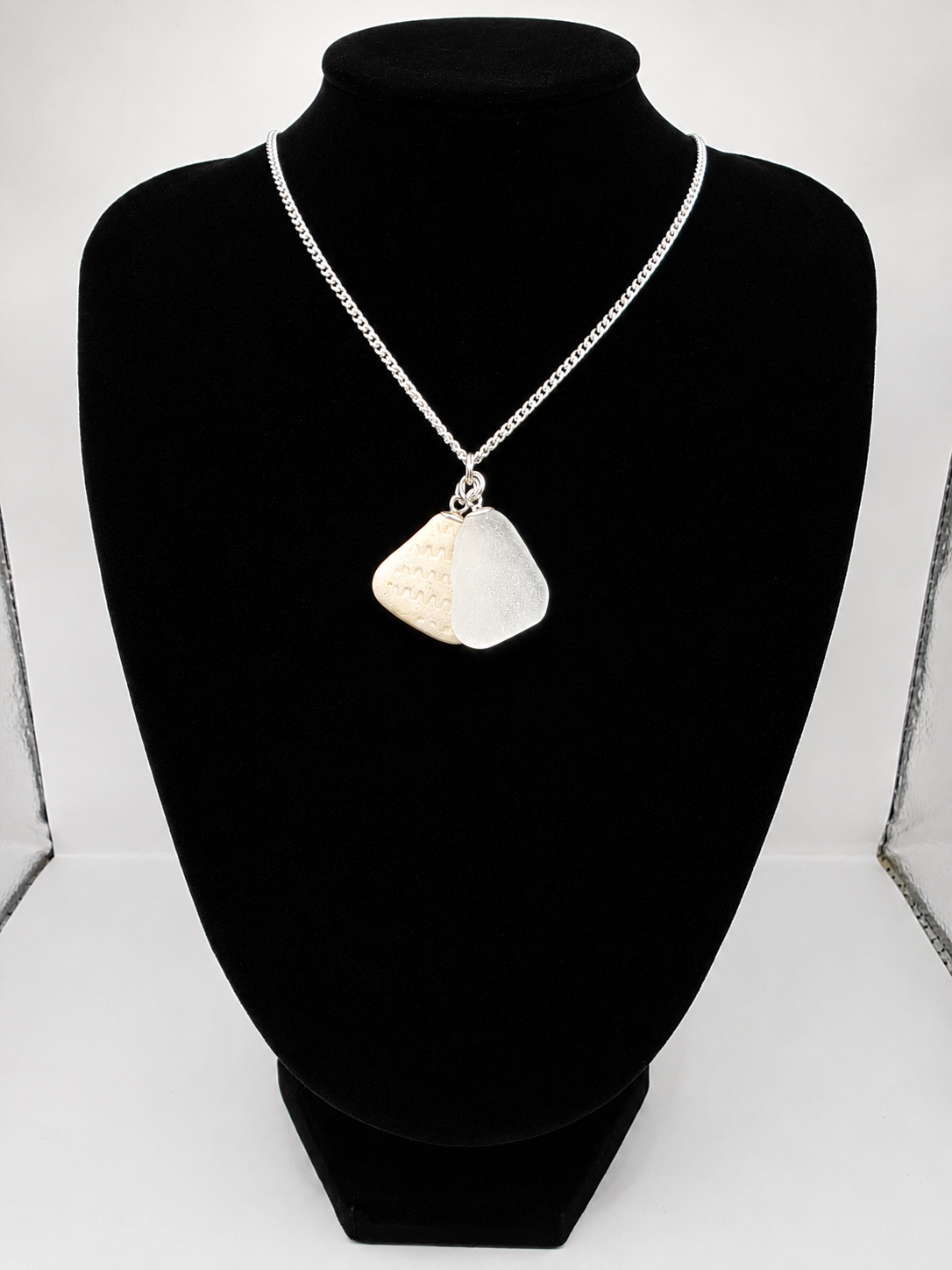 Genuine Sea Glass and Sea Pottery Necklace on stainless steel chain. Each piece is a one-of-a-kind