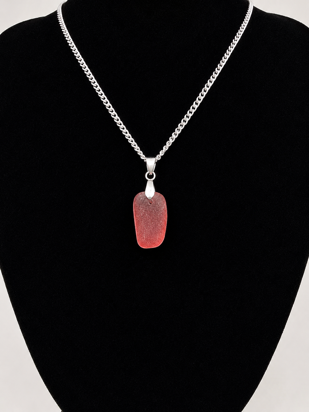 Genuine Multi Red Sea Glass Pendant Necklace on a stainless steel chain. Each piece is a one-of-a-kind