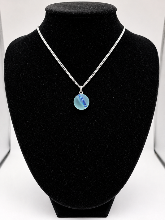 Genuine Sea Glass Blue Marble Necklace with Sparkling Rhinestones, Hand-Collected Frosted Sea Glass Pendant