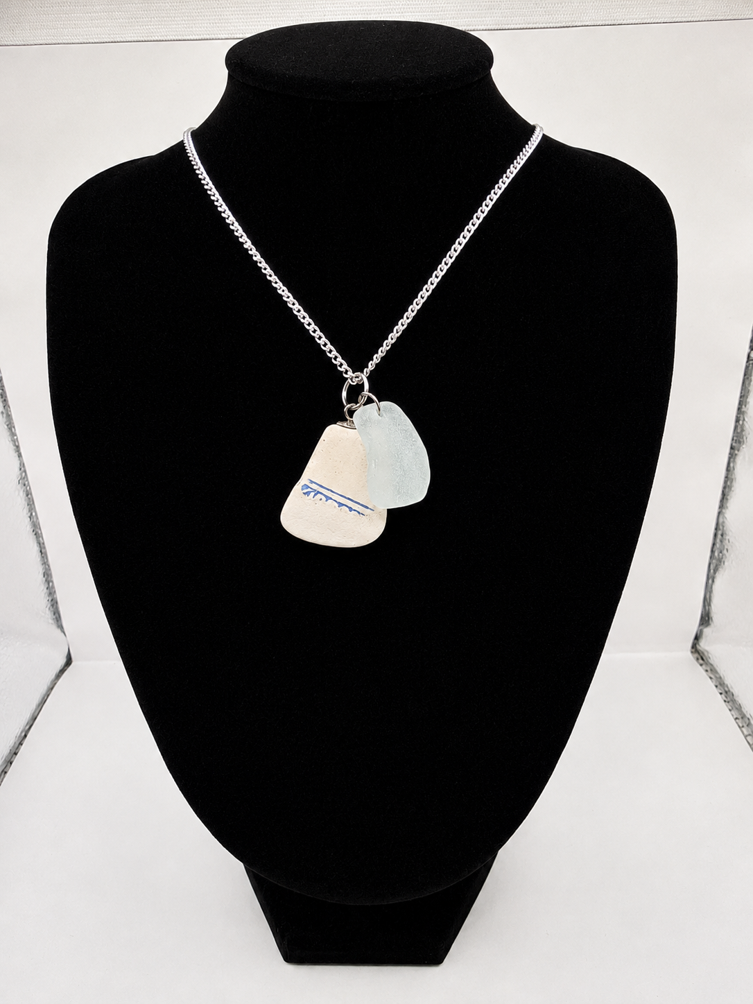 Genuine Sea Glass and Sea Pottery Pendant Necklace on stainless steel chain. Each piece is a one-of-a-kind