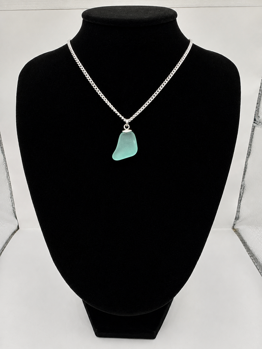 Genuine Aqua Blue Sea Glass Pendant Necklace on stainless steel chain. Each piece is a one-of-a-kind