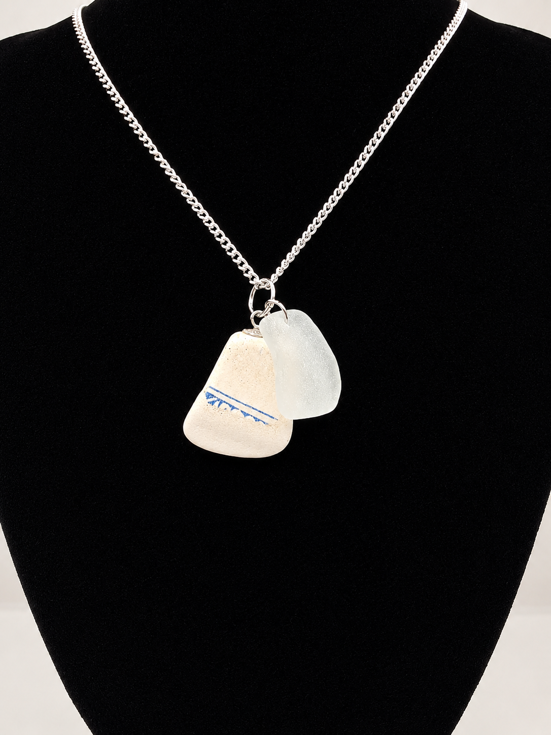 Genuine Sea Glass and Sea Pottery Pendant Necklace on stainless steel chain. Each piece is a one-of-a-kind
