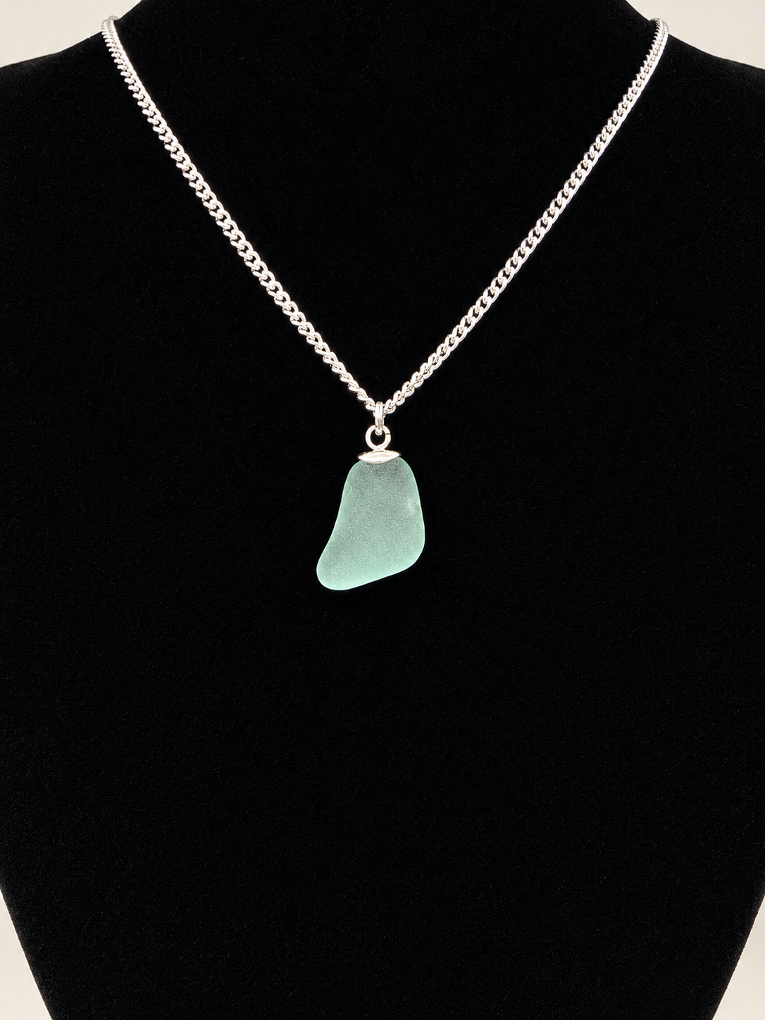 Genuine Aqua Blue Sea Glass Pendant Necklace on stainless steel chain. Each piece is a one-of-a-kind