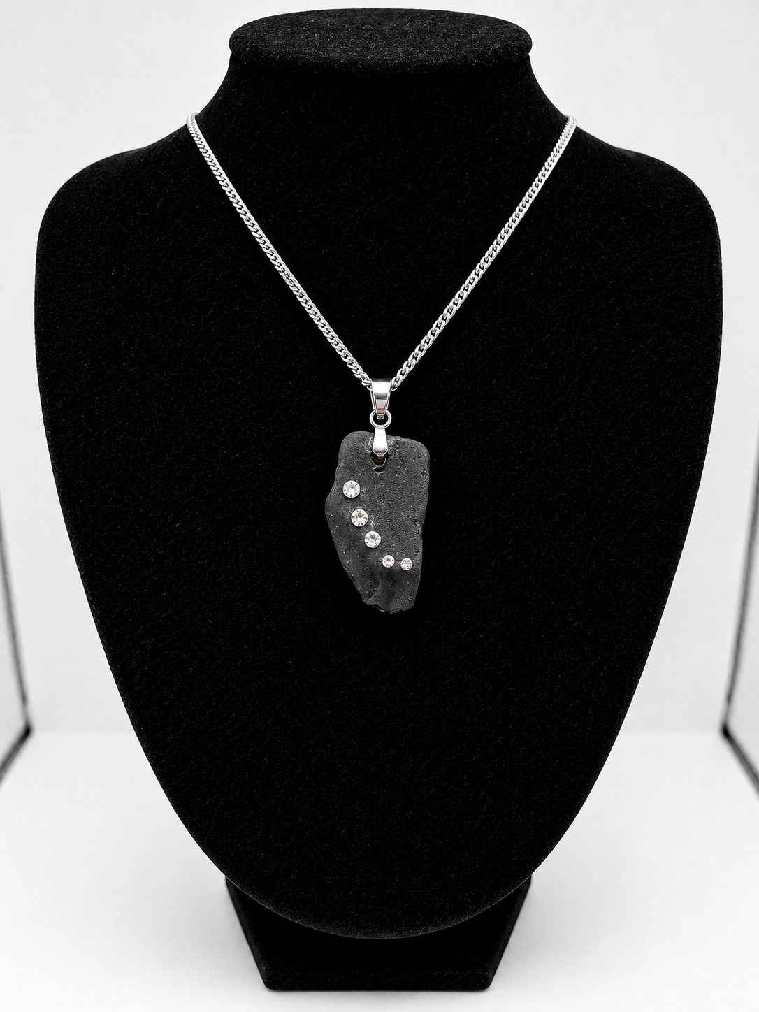 Genuine Black Sea Glass  Necklace with Sparkling Rhinestones, Hand-Collected Frosted Sea Glass Pendant
