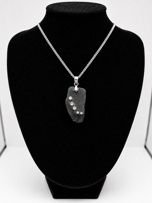 Genuine Black Sea Glass  Necklace with Sparkling Rhinestones, Hand-Collected Frosted Sea Glass Pendant
