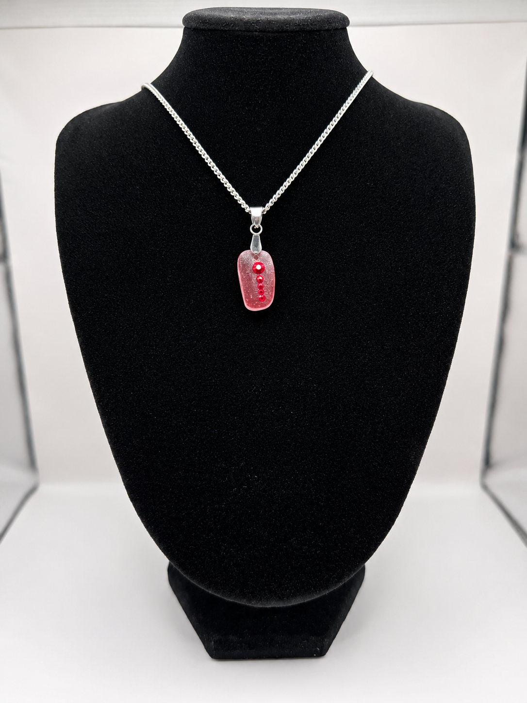 Genuine Red Multi Sea Glass  Necklace with Sparkling Rhinestones, Hand-Collected Frosted Sea Glass Pendant