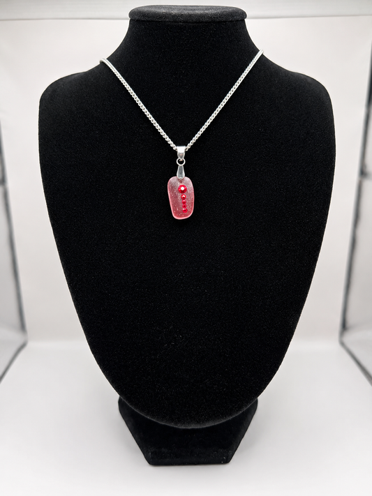 Genuine Red Multi Sea Glass  Necklace with Sparkling Rhinestones, Hand-Collected Frosted Sea Glass Pendant