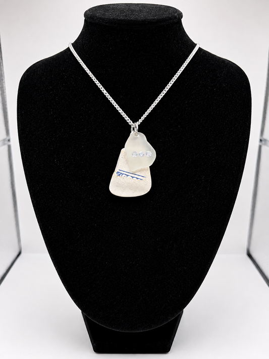 Genuine Sea Glass & Sea Pottery Necklace with Sparkling Rhinestones, Hand-Collected Frosted Sea Glass Double Pendant
